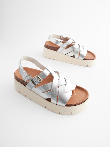 Silver Leather Weave Flatform Wedge Sandals (103742) | €28