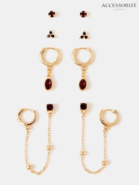Red - Accessorize Gem Stud & Chain Hoop Earrings 5 Pack