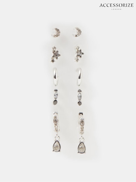 Grey - Accessorize Gem Stud & Hoop Earrings 5 Pack