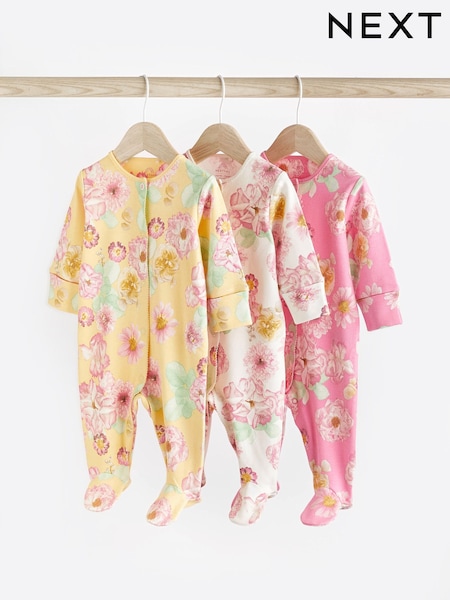 Amarillo/rosa - Floral 100% Cotton Popper Baby Sleepsuits 3 Pack (0-2yrs) (104207) | 25 € - 28 €