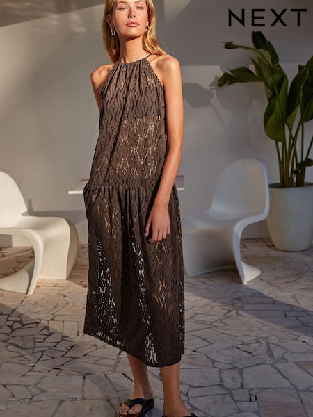 Chocolate Brown Jersey Crochet Maxi Summer Cover-up Dress (104300) | €11