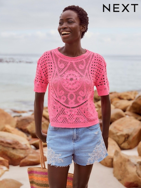Fluro Pink - Häkel-T-Shirt mit Rundhalsausschnitt (104409) | 9 €