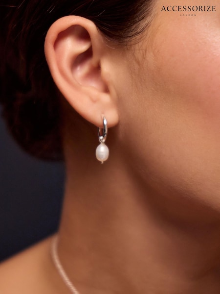 Silver Tone - Accessorize Pearl Drop Hoop Earrings