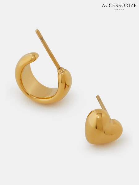 Gold Tone - Accessorize Stainless Steel Heart Stud & Hoop Earrings 2 Pack
