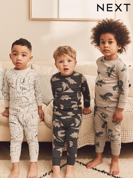 Neutral/Tan Brown Dinosaur 100% Cotton Snuggle Pyjamas 3 Pack (9mths-10yrs) (105630) | $59 - $72