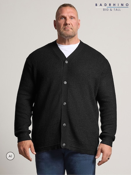 Black - Regular Badrhino Big & Tall Knitted Button Through Cardigan
