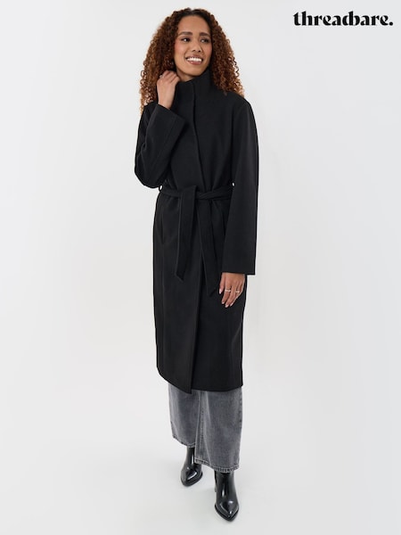 Black - Threadbare Funnel Neck Belted Longline Jacket