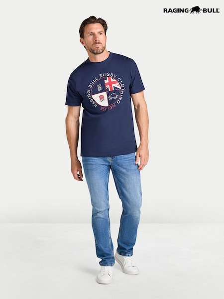 Blue - Regular Raging Bull Circle Crest Printed T-shirt