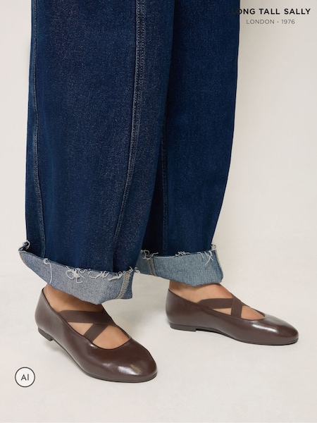 Brown - Long Tall Sally Cross Over Elasticated Ballerina Pumps In Standard Fit