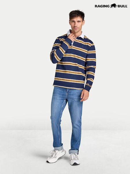 Blue - Regular Raging Bull Long Sleeve Tri Colour Stripe Rugby Shirt