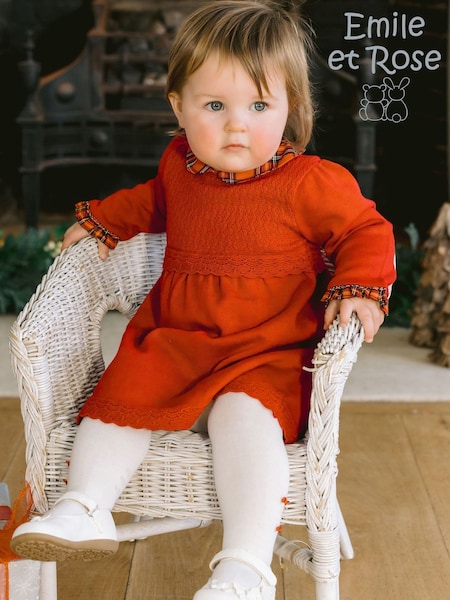 أحمر - Emile Et Rose Kesia Knitted Dress With Tartan Collar, Sleeve Frills & Tights