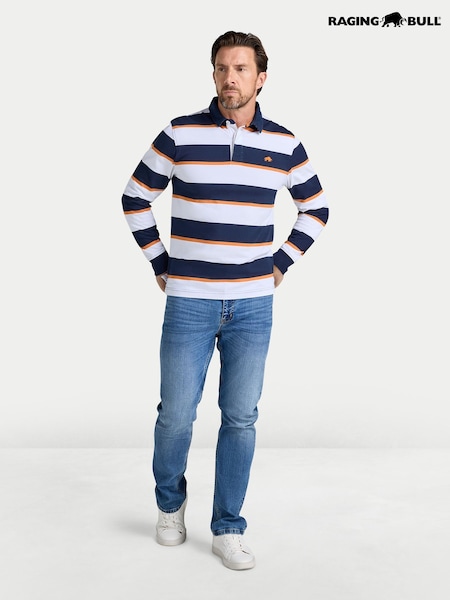 Orange - Regular Raging Bull Long Sleeve Multi Stripe Rugby Shirt