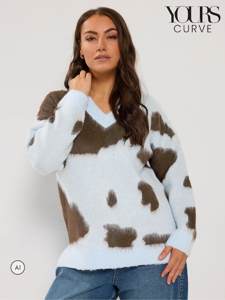 Blue - Yours Curve Brushed Cow Print Knitted Jumper