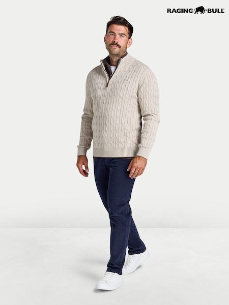 Cream - Regular Raging Bull Cable Mid Weight Knit 1/4 Zip Jumper