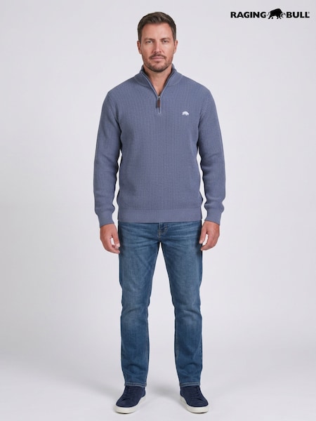 Blå - Regular Raging Bull Wool Mix Knitted Rib 1/4 Zip Jumpers