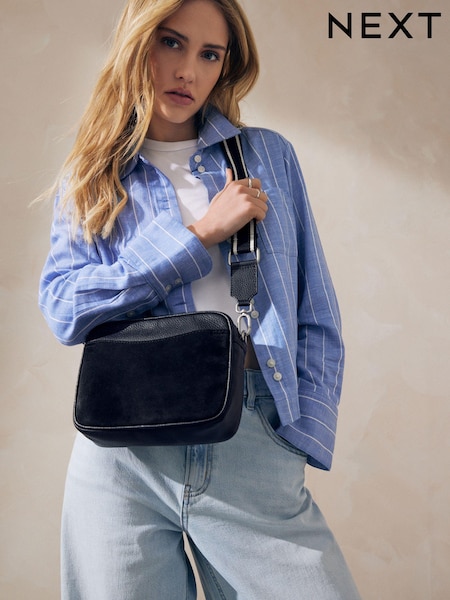 Black Leather Webbing Strap Camera Bag (106779) | AED96