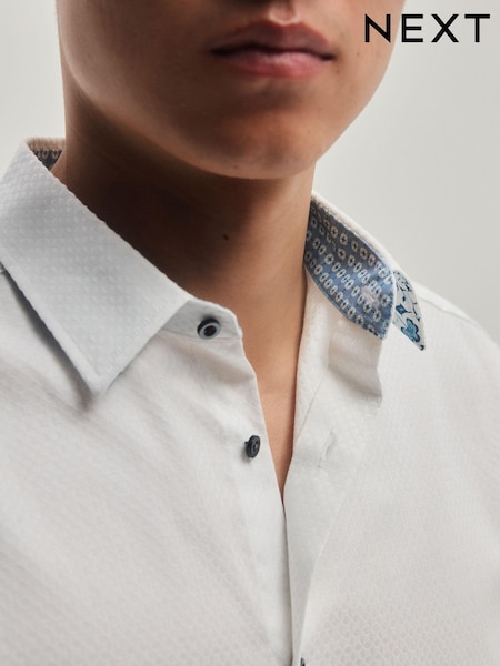 Alb/albastru cu model floral - Măsură regular - Trim Formal 100% Bumbac Oxford Cămăși (106912) | 143 LEI