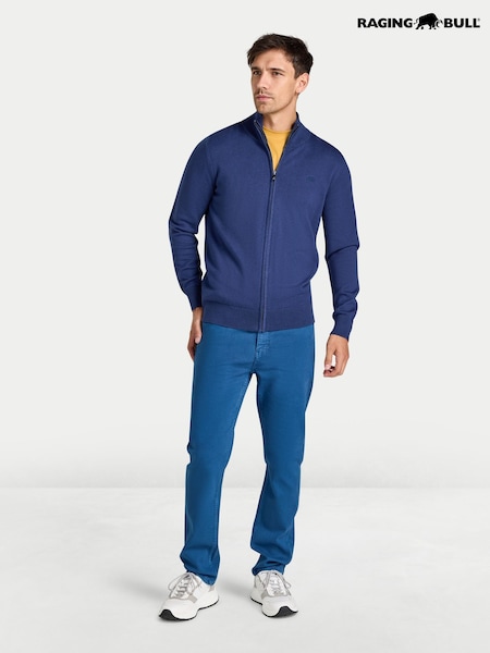 Blue - Regular Raging Bull Zip Through Knitted Cardigan