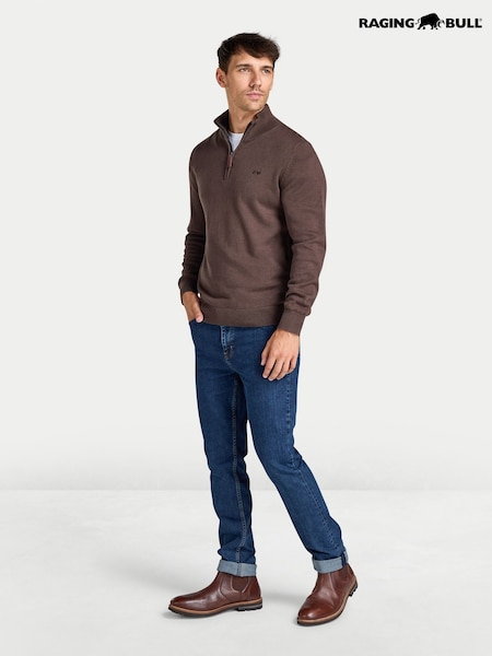 بني - Regular Raging Bull Classic Cotton/cashmere Quarter Zip Knit Jumper