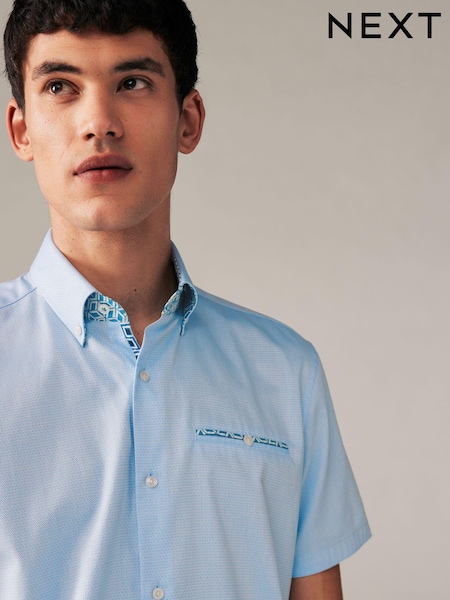 Light Blue Slim Fit 100% Cotton Trimmed Formal Short Sleeve Oxford Shirt (107132) | €16