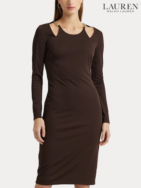 Lauren Ralph Lauren Brown Chain Trim Cutout Jersey Dress (107665) | €80