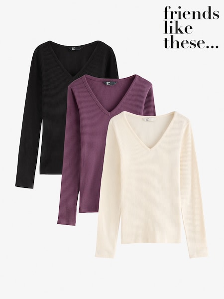 黑色/白色/茄子紫 - Friends Like These V-neck Long Sleeve Ribbed Tops 3 Pack