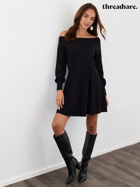 Black - Threadbare Slash Neck Belted Mini Jumper Dress