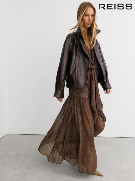 Grape Burgundy - Reiss Jasmine Snake-print Plissé Maxi Skirt