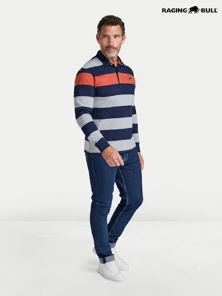 Blue - Regular Raging Bull Marl Stripe Rugby Shirt