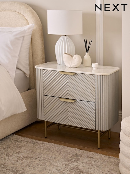 Light Grey Valencia Marble and Mango Wood 2 Drawer Wide Bedside Table (111253) | €550