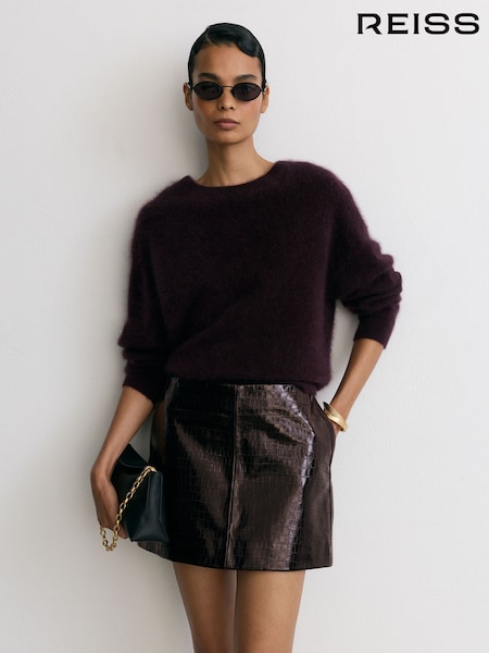 عنابي - Reiss Cora Leather Crocodile-effect Mini Skirt