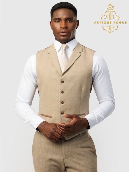 Nude - Regular Antique Rogue Slim Fit Baxter Camel Herringbone Tweed Waistcoat