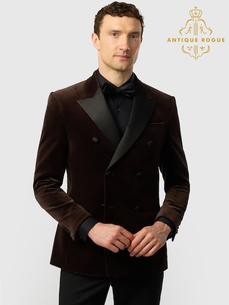 Black - Regular Antique Rogue Slim Fit Quinn Chocolate Cotton Velvet Double Breasted Jacket