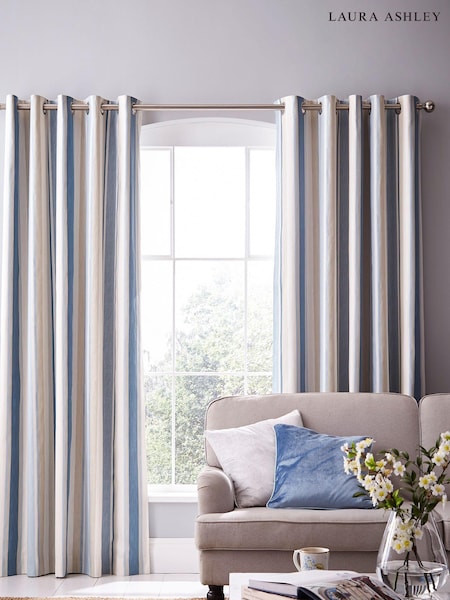 Laura Ashley Seaspray Awning Stripe Blackout 100% Cotton Eyelet Blackout Curtains (112708) | €130 - €253