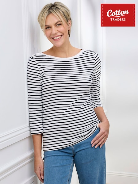 White - Cotton Traders Wrinkle Free 3/4 Sleeve Boat Neck Stripe Top