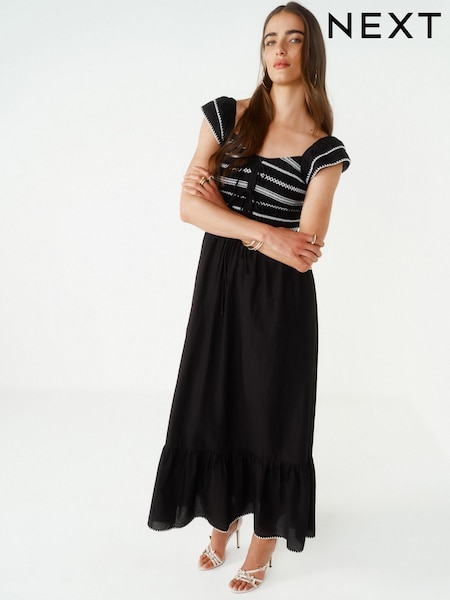 Черный - Shirred 100% Cotton Midi Dress (114462) | €21