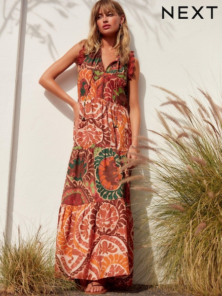 Red Tiered Cotton Summer Maxi Dress (114616) | €14
