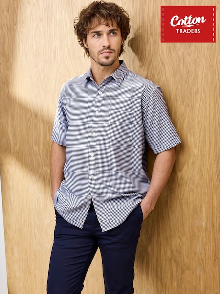 Blue - Regular Cotton Traders Check Signature Short Sleeve Easy-iron Shirt