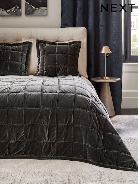 Charcoal Grey Quilted Lustre Velvet Bedspread (115014) | €83 - €138