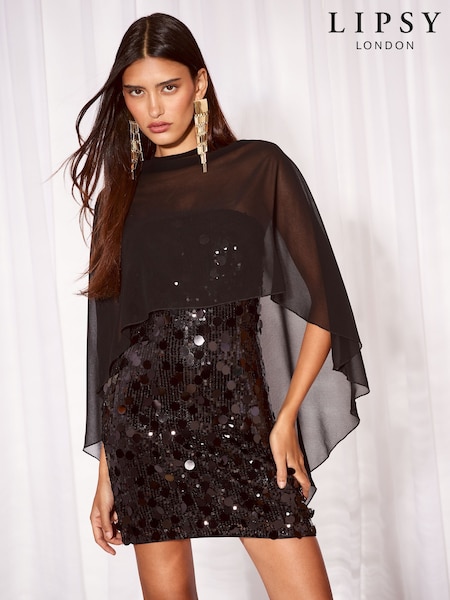 Black - Lipsy 2 In 1 Sequin Mini Chiffon Cape Mini Dress