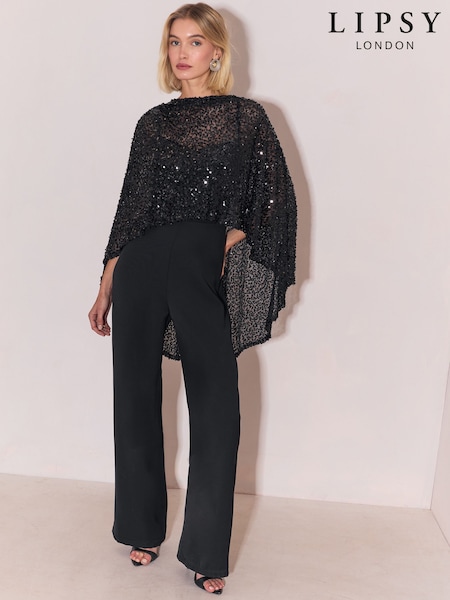 Black - Lipsy 2-in-1 Sequin Cape Jersey Straight Leg Jumpsuit