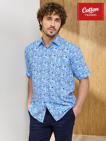 Himmelblau - Regular Cotton Traders Signature Short Sleeve Easy-iron Print Shirt