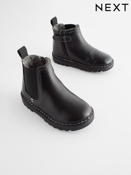 Black Wide Fit (G) Warm Lined Leather Chelsea Boots (115283) | R$ 295 - R$ 355