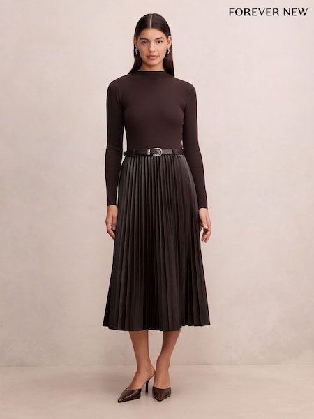 Brown - Forever New Gianna Faux Leather Pleated Midi Dress