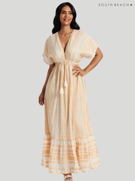 Gold - South Beach 100% Cotton Metallic Jacquard V-Neck Maxi Dress (116093) | 30 €