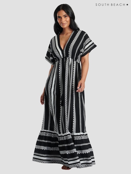 Negru - South Beach 100% Cotton Brodeed Jacquard Decolteu în V Tired Rochie lungă (116241) | 175 LEI