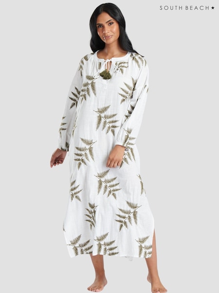 South Beach Long Sleeve Tie Neck Beach Dress With Leaf Embroidery (116479) | 17 €