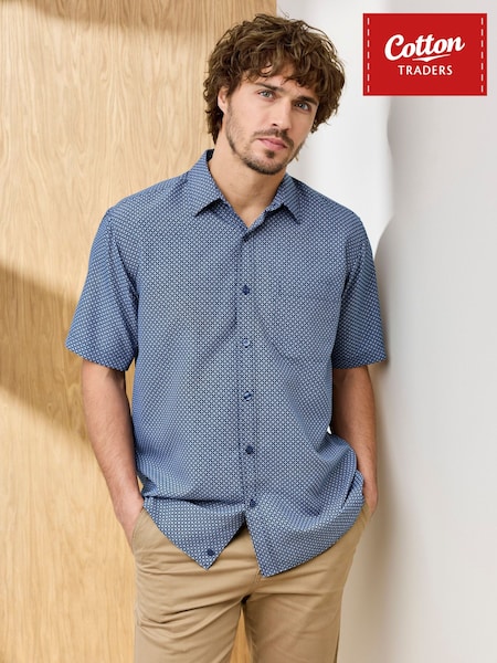 Cobalt Blue - Regular Cotton Traders Signature Short Sleeve Easy-iron Print Shirt
