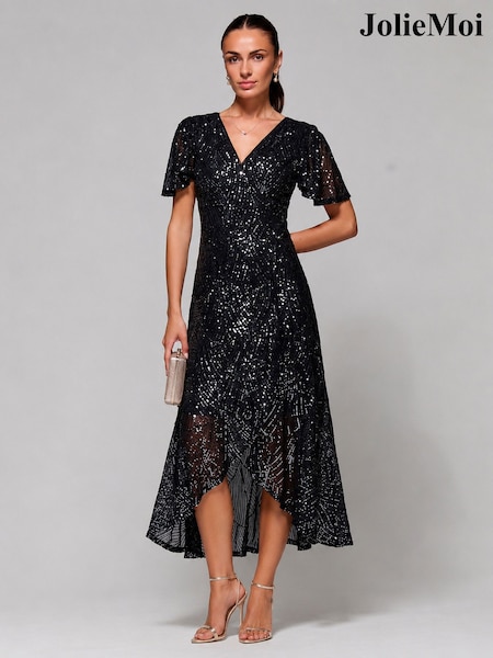 Negro - Vestido largo con volantes y lentejuelas de Jolie Moi