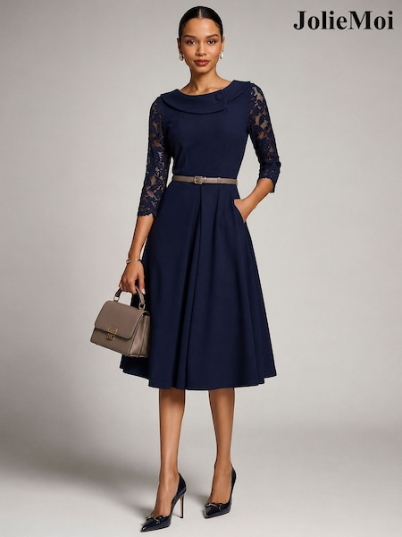 Bleu - Jolie Moi Lace Sleeve Fit & Flare Midi Dress